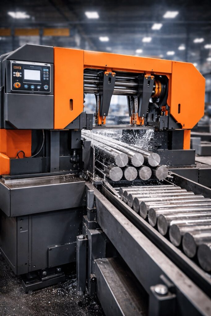 Automata szalagfűrész sorozatvágás közben