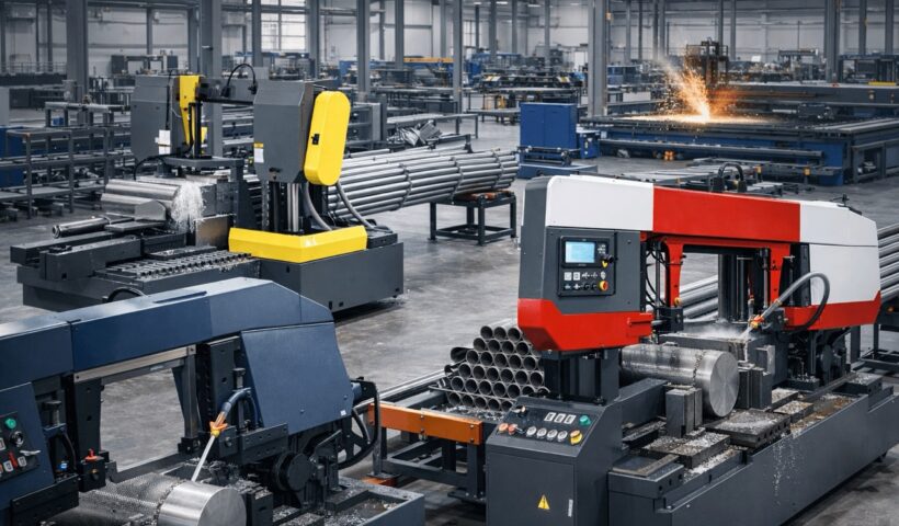 Ipari szalagfűrész fém vágása közben – hatékony fémmegmunkálás