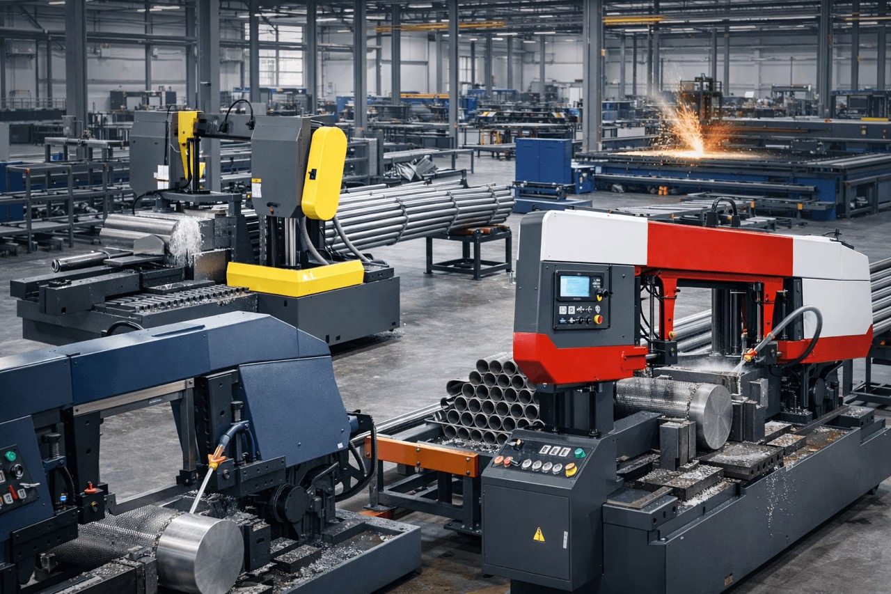 Ipari szalagfűrész fém vágása közben – hatékony fémmegmunkálás