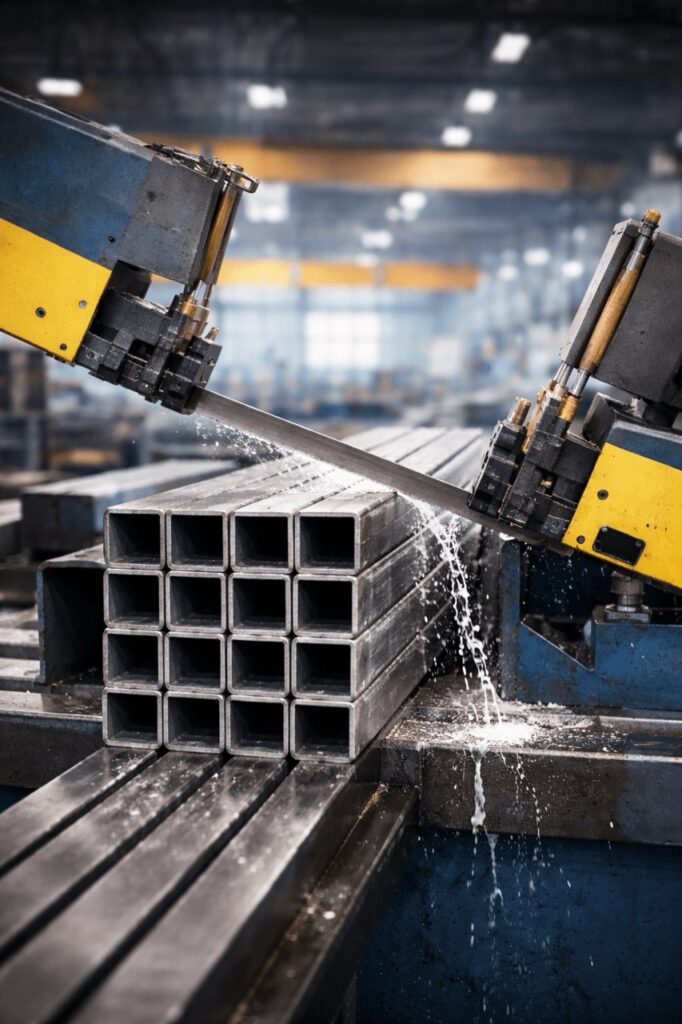 Fémprofil vágása ipari szalagfűrésszel